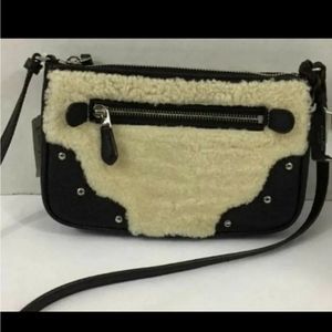 Cream Shearling Accent Crossbody Bag with Black Trim